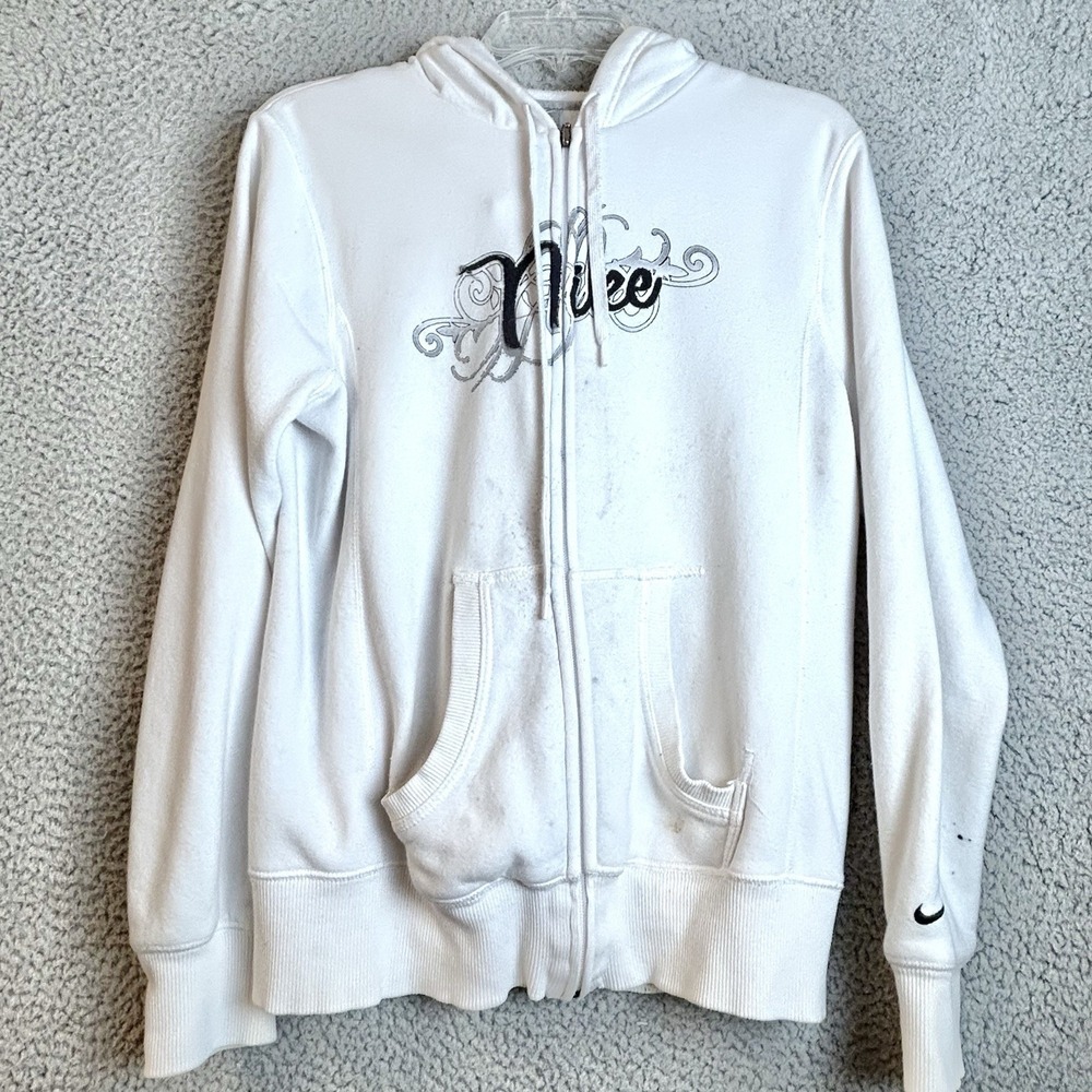 Nike Womens Hoodie Large White Full Zip Sweatshirt Spellout Hoodie Y2K Logo